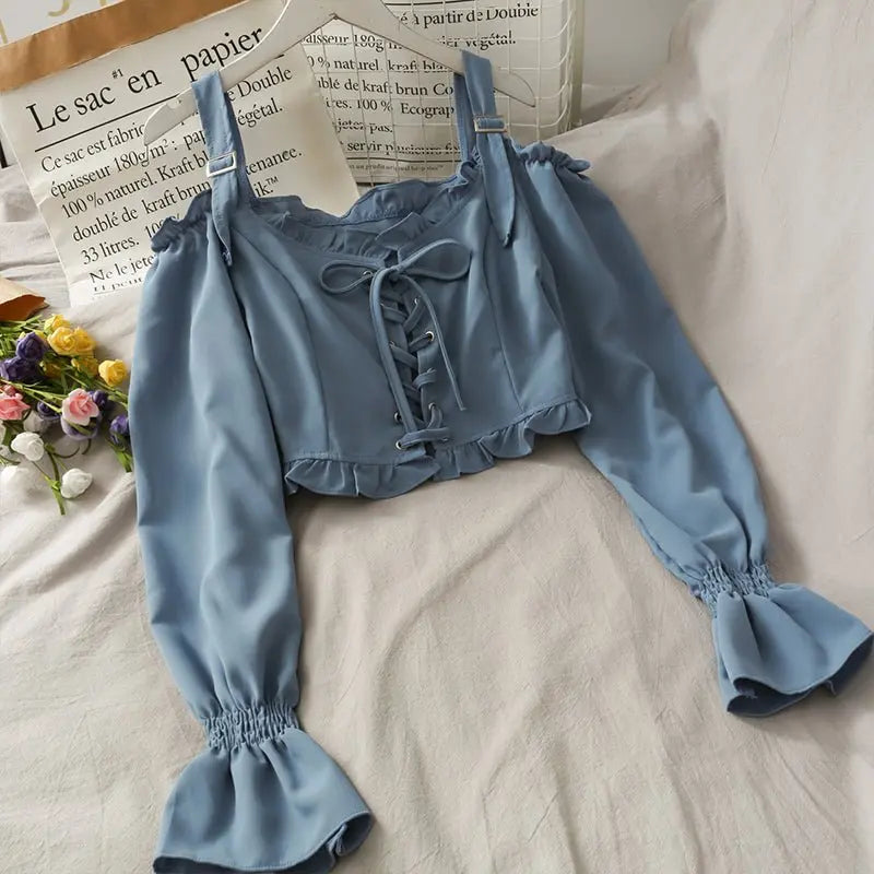 French Bandage Off Shoulder Ruffle Top Female Elegant Long Sleeve Shirt Y2k - Blade & Thread