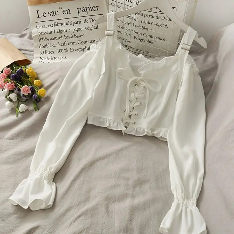 French Bandage Off Shoulder Ruffle Top Female Elegant Long Sleeve Shirt Y2k - Blade & Thread