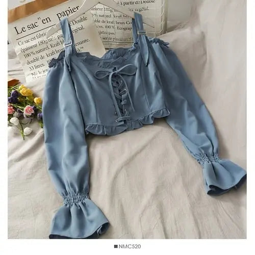 French Bandage Off Shoulder Ruffle Top Female Elegant Long Sleeve Shirt Y2k - Blade & Thread