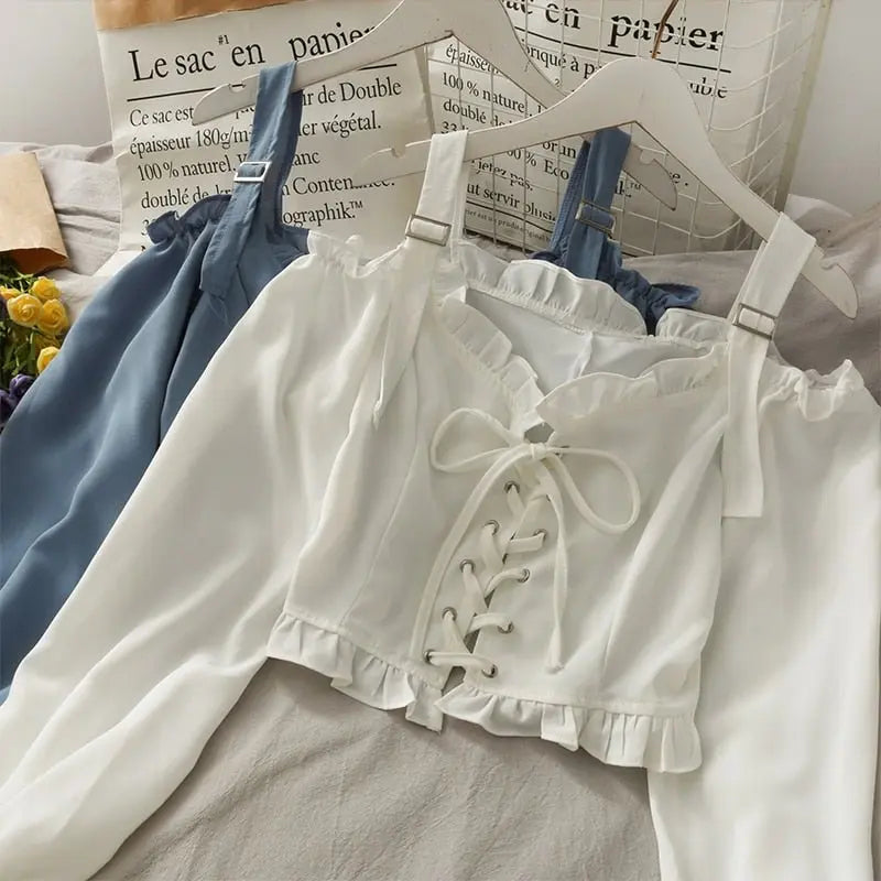 French Bandage Off Shoulder Ruffle Top Female Elegant Long Sleeve Shirt Y2k - Blade & Thread