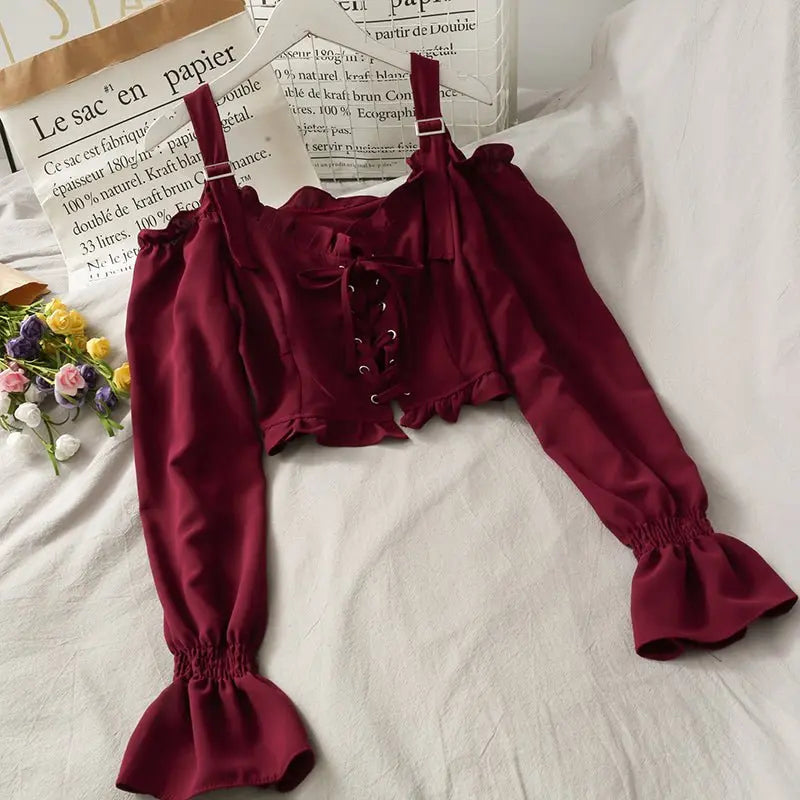 French Bandage Off Shoulder Ruffle Top Female Elegant Long Sleeve Shirt Y2k - Blade & Thread