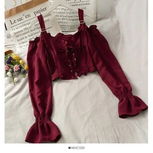 French Bandage Off Shoulder Ruffle Top Female Elegant Long Sleeve Shirt Y2k - Blade & Thread