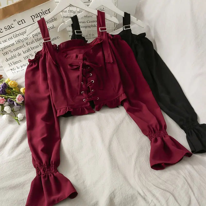 French Bandage Off Shoulder Ruffle Top Female Elegant Long Sleeve Shirt Y2k - Blade & Thread