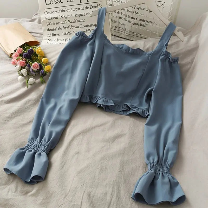 French Bandage Off Shoulder Ruffle Top Female Elegant Long Sleeve Shirt Y2k - Blade & Thread