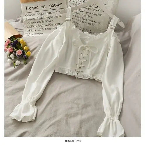 French Bandage Off Shoulder Ruffle Top Female Elegant Long Sleeve Shirt Y2k - Blade & Thread