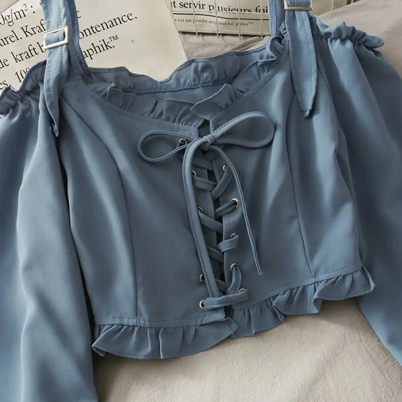 French Bandage Off Shoulder Ruffle Top Female Elegant Long Sleeve Shirt Y2k - Blade & Thread