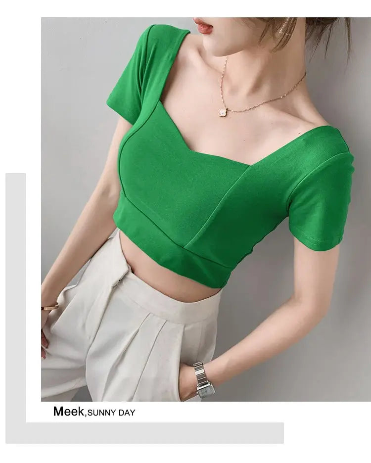 French Clavicle Square Collar Tops Women High Waist Croped Top Short Sleeve T-shirt Female - Blade & Thread