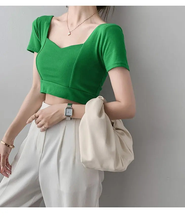 French Clavicle Square Collar Tops Women High Waist Croped Top Short Sleeve T-shirt Female - Blade & Thread