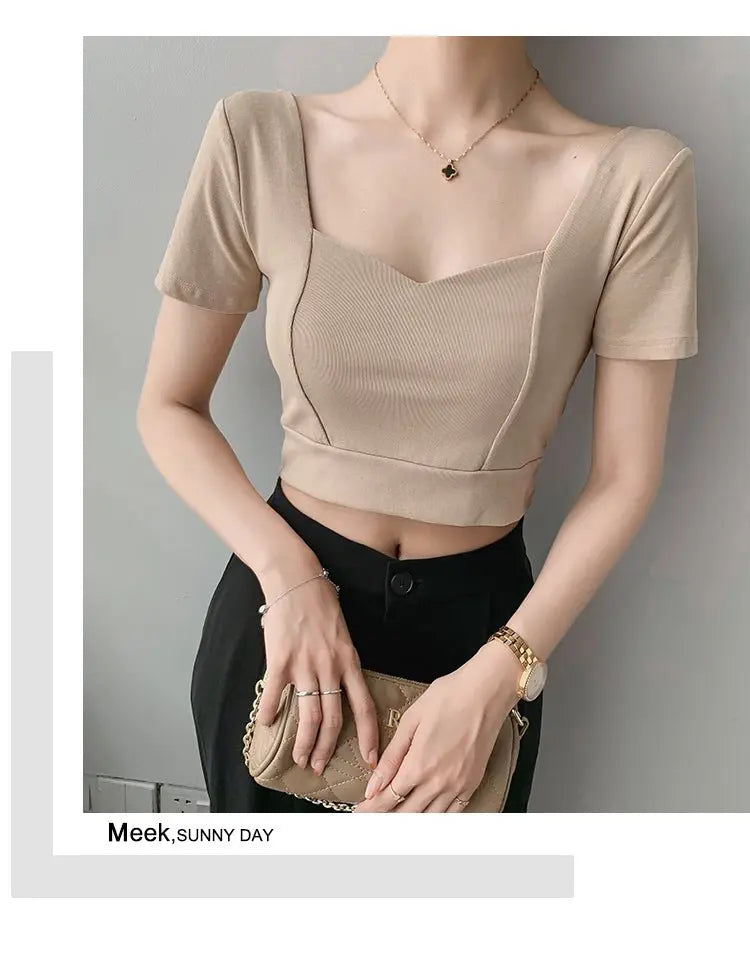 French Clavicle Square Collar Tops Women High Waist Croped Top Short Sleeve T-shirt Female - Blade & Thread