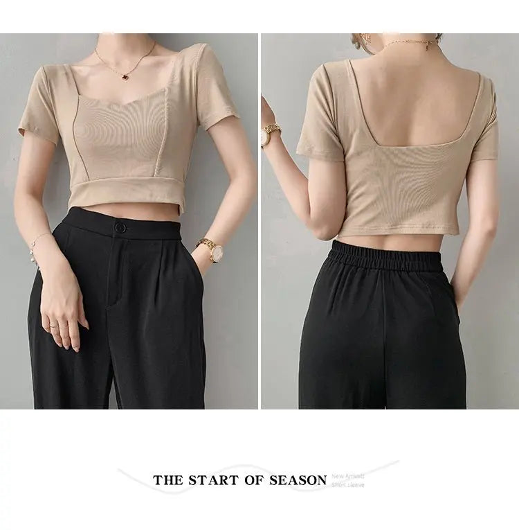 French Clavicle Square Collar Tops Women High Waist Croped Top Short Sleeve T-shirt Female - Blade & Thread