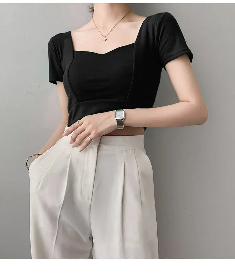 French Clavicle Square Collar Tops Women High Waist Croped Top Short Sleeve T-shirt Female - Blade & Thread