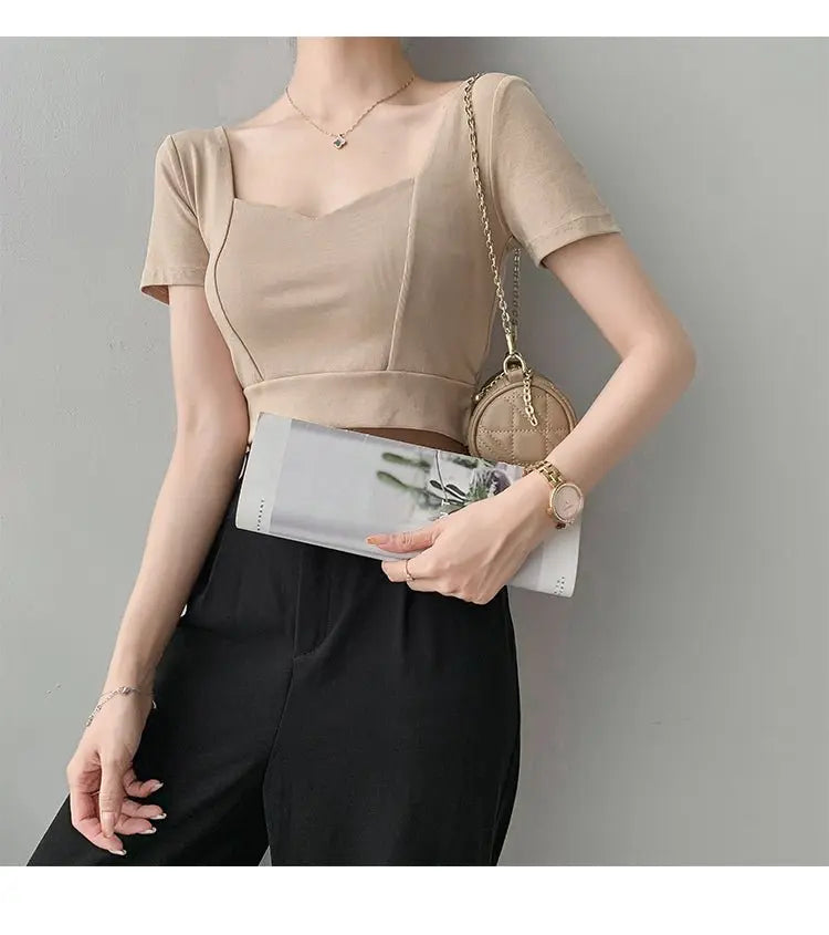 French Clavicle Square Collar Tops Women High Waist Croped Top Short Sleeve T-shirt Female - Blade & Thread