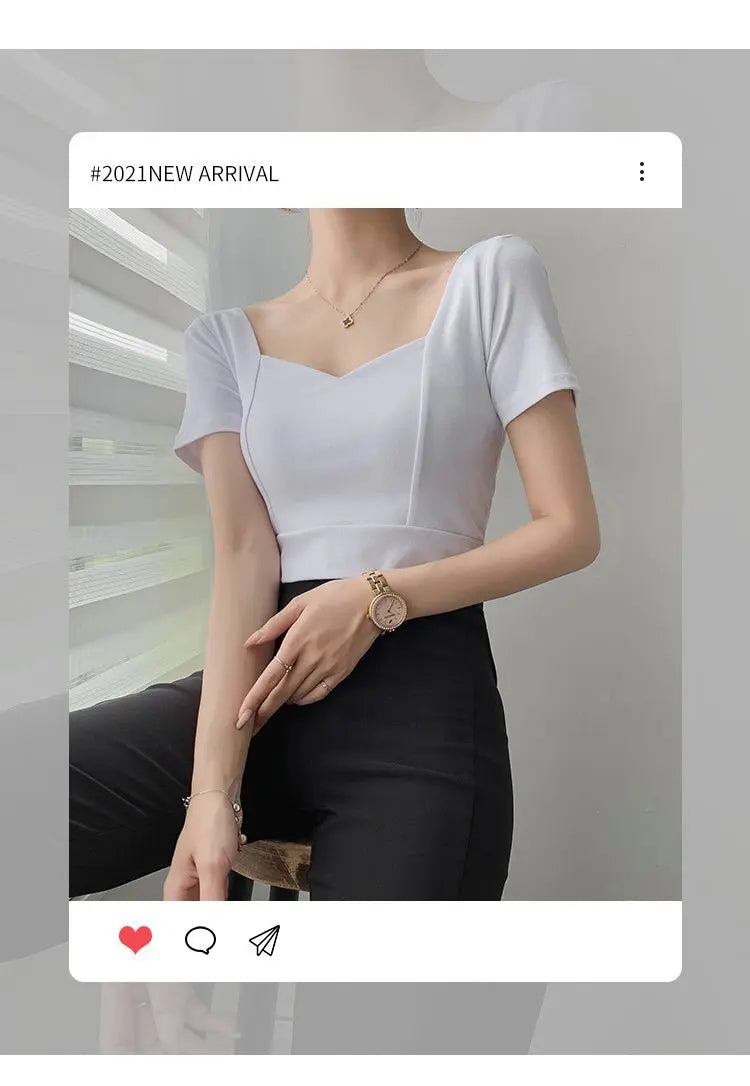 French Clavicle Square Collar Tops Women High Waist Croped Top Short Sleeve T-shirt Female - Blade & Thread