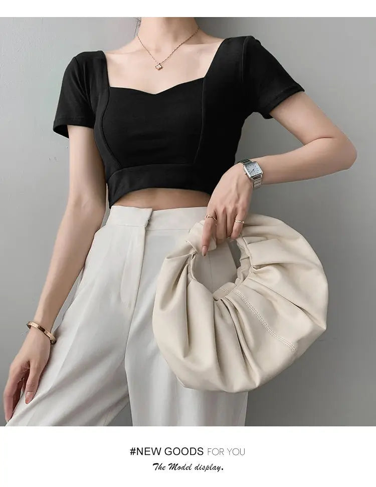 French Clavicle Square Collar Tops Women High Waist Croped Top Short Sleeve T-shirt Female - Blade & Thread