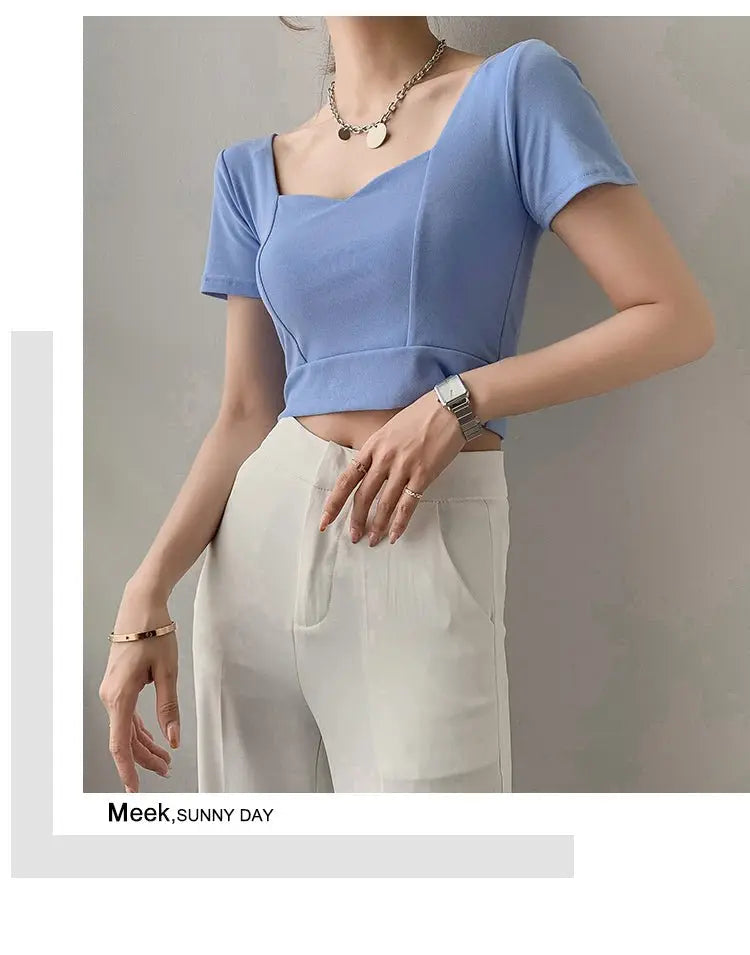 French Clavicle Square Collar Tops Women High Waist Croped Top Short Sleeve T-shirt Female - Blade & Thread