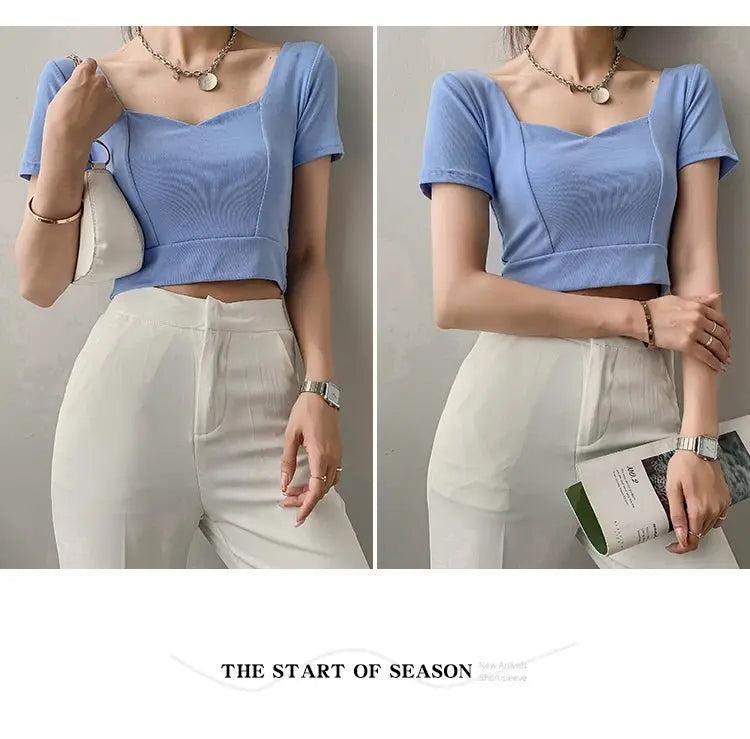 French Clavicle Square Collar Tops Women High Waist Croped Top Short Sleeve T-shirt Female - Blade & Thread