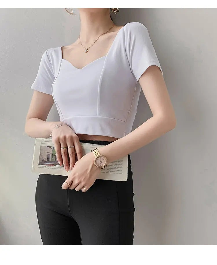 French Clavicle Square Collar Tops Women High Waist Croped Top Short Sleeve T-shirt Female - Blade & Thread