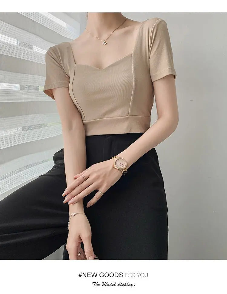 French Clavicle Square Collar Tops Women High Waist Croped Top Short Sleeve T-shirt Female - Blade & Thread