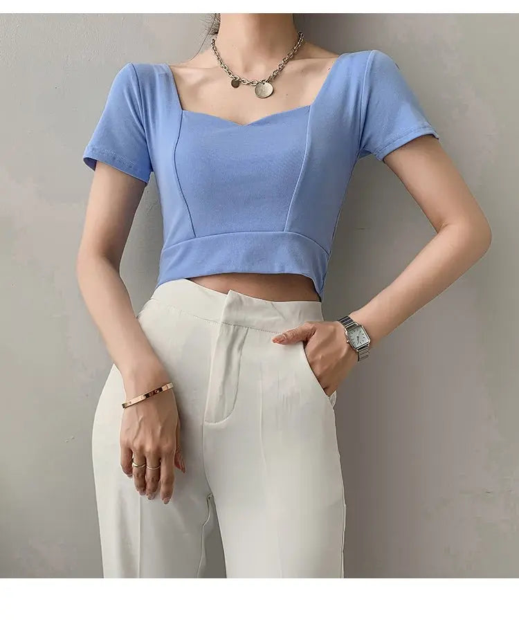 French Clavicle Square Collar Tops Women High Waist Croped Top Short Sleeve T-shirt Female - Blade & Thread