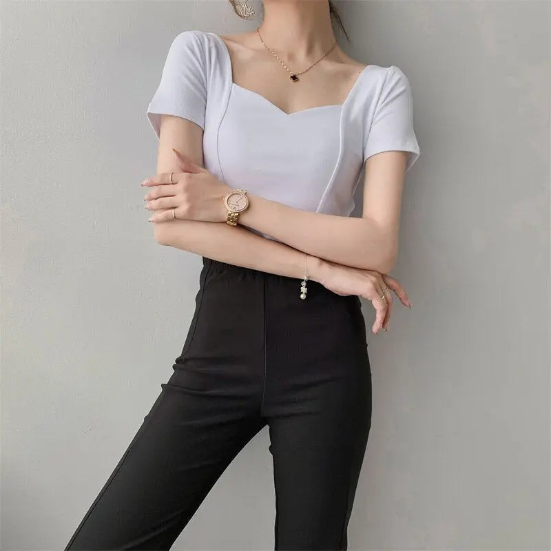 French Clavicle Square Collar Tops Women High Waist Croped Top Short Sleeve T-shirt Female - Blade & Thread