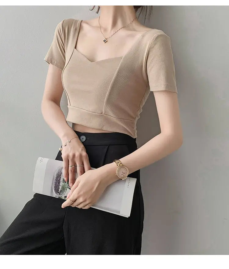 French Clavicle Square Collar Tops Women High Waist Croped Top Short Sleeve T-shirt Female - Blade & Thread