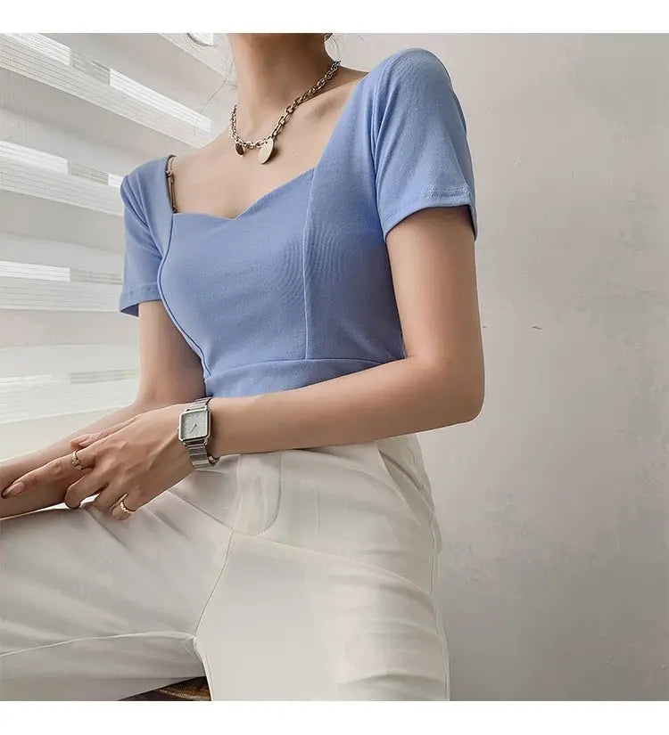 French Clavicle Square Collar Tops Women High Waist Croped Top Short Sleeve T-shirt Female - Blade & Thread