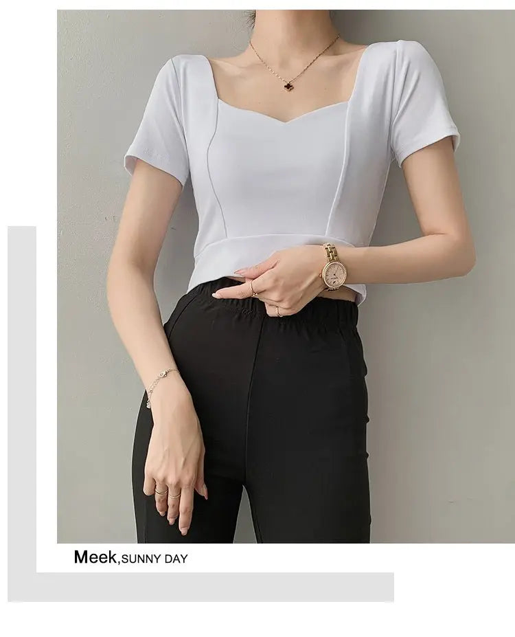 French Clavicle Square Collar Tops Women High Waist Croped Top Short Sleeve T-shirt Female - Blade & Thread
