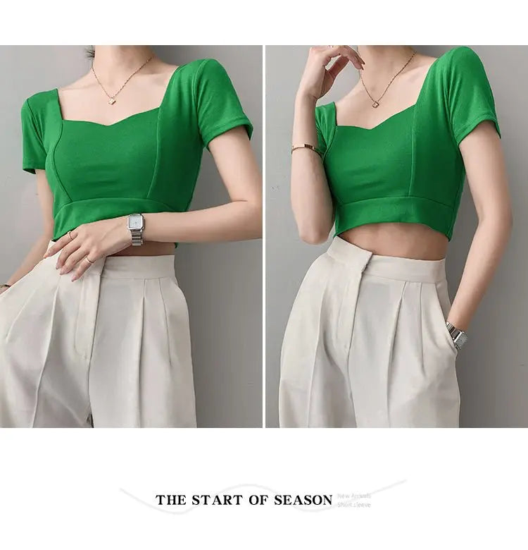 French Clavicle Square Collar Tops Women High Waist Croped Top Short Sleeve T-shirt Female - Blade & Thread