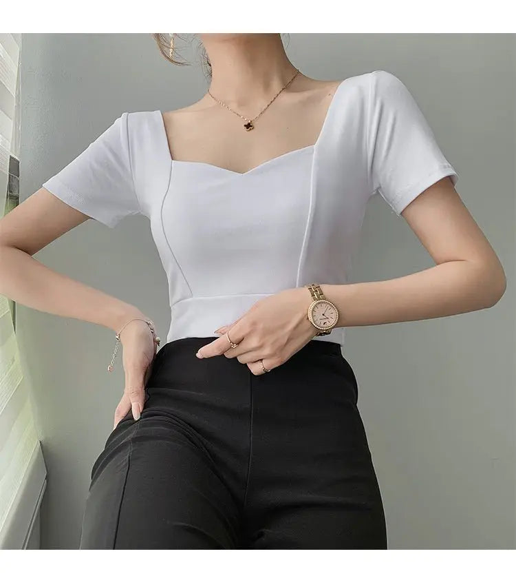 French Clavicle Square Collar Tops Women High Waist Croped Top Short Sleeve T-shirt Female - Blade & Thread