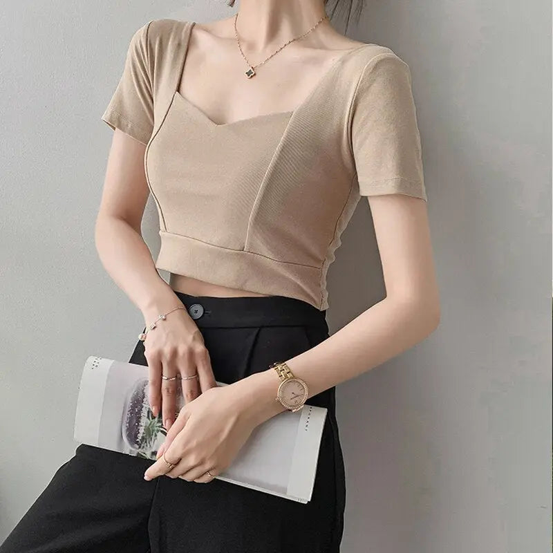 French Clavicle Square Collar Tops Women High Waist Croped Top Short Sleeve T-shirt Female - Blade & Thread