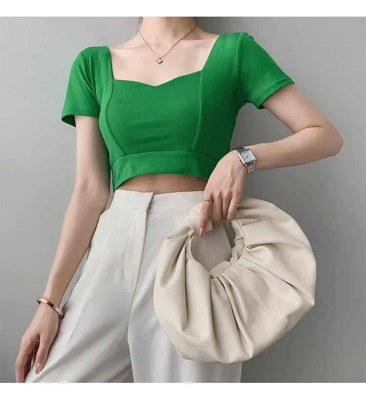 French Clavicle Square Collar Tops Women High Waist Croped Top Short Sleeve T-shirt Female - Blade & Thread