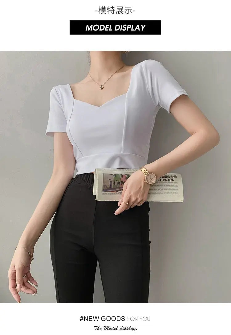 French Clavicle Square Collar Tops Women High Waist Croped Top Short Sleeve T-shirt Female - Blade & Thread