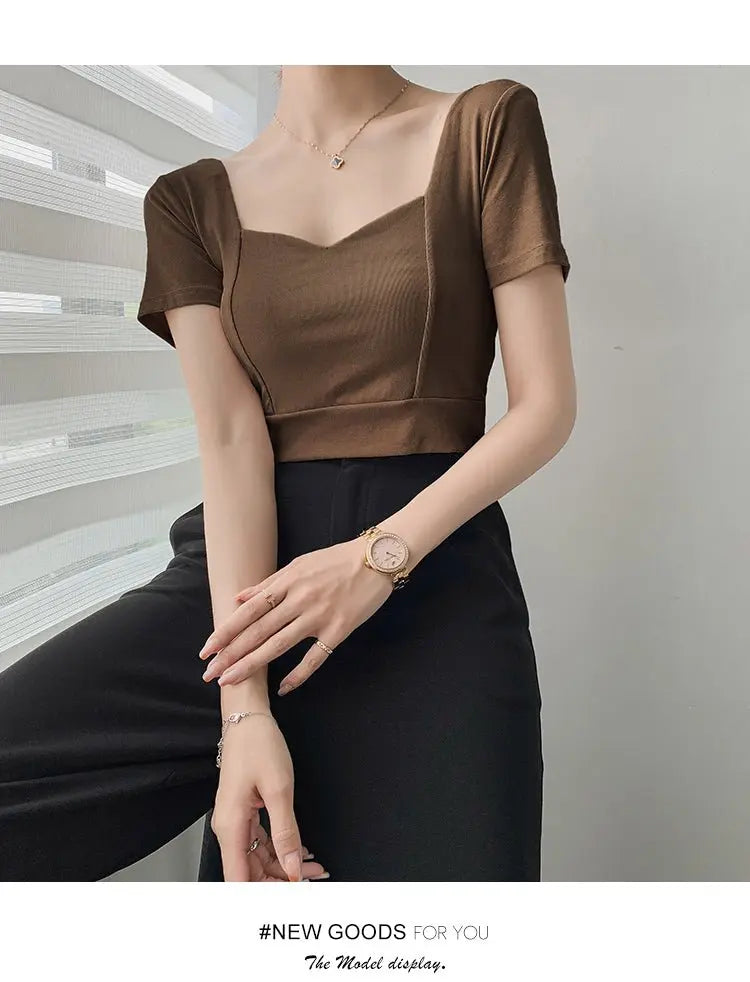 French Clavicle Square Collar Tops Women High Waist Croped Top Short Sleeve T-shirt Female - Blade & Thread