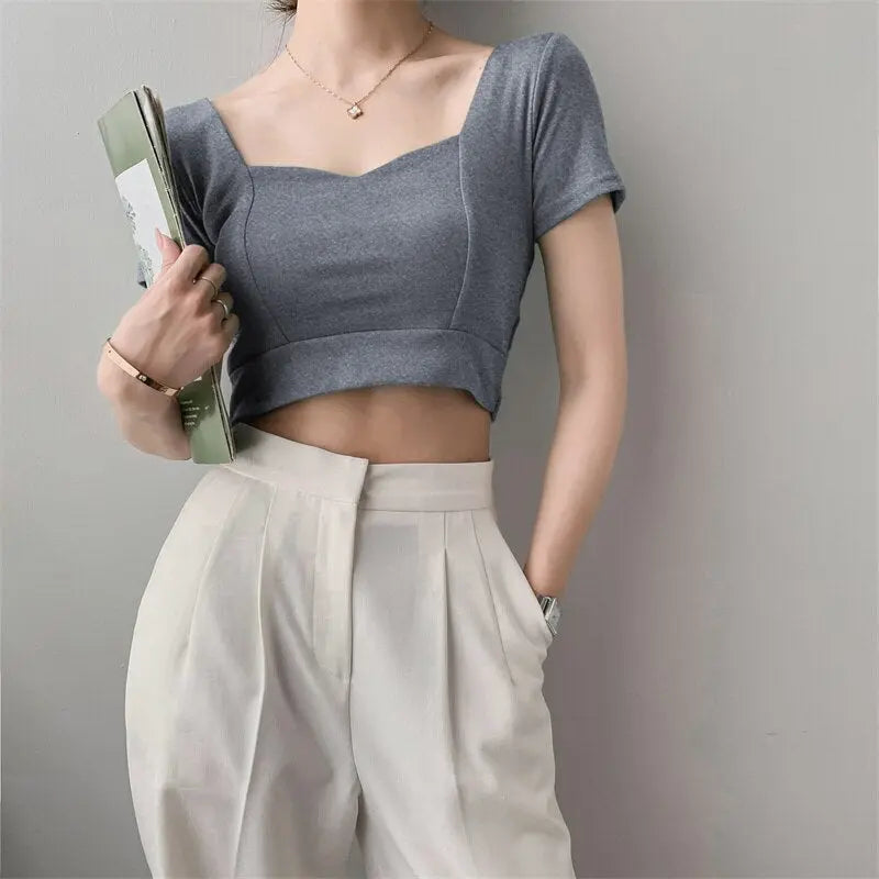 French Clavicle Square Collar Tops Women High Waist Croped Top Short Sleeve T-shirt Female - Blade & Thread
