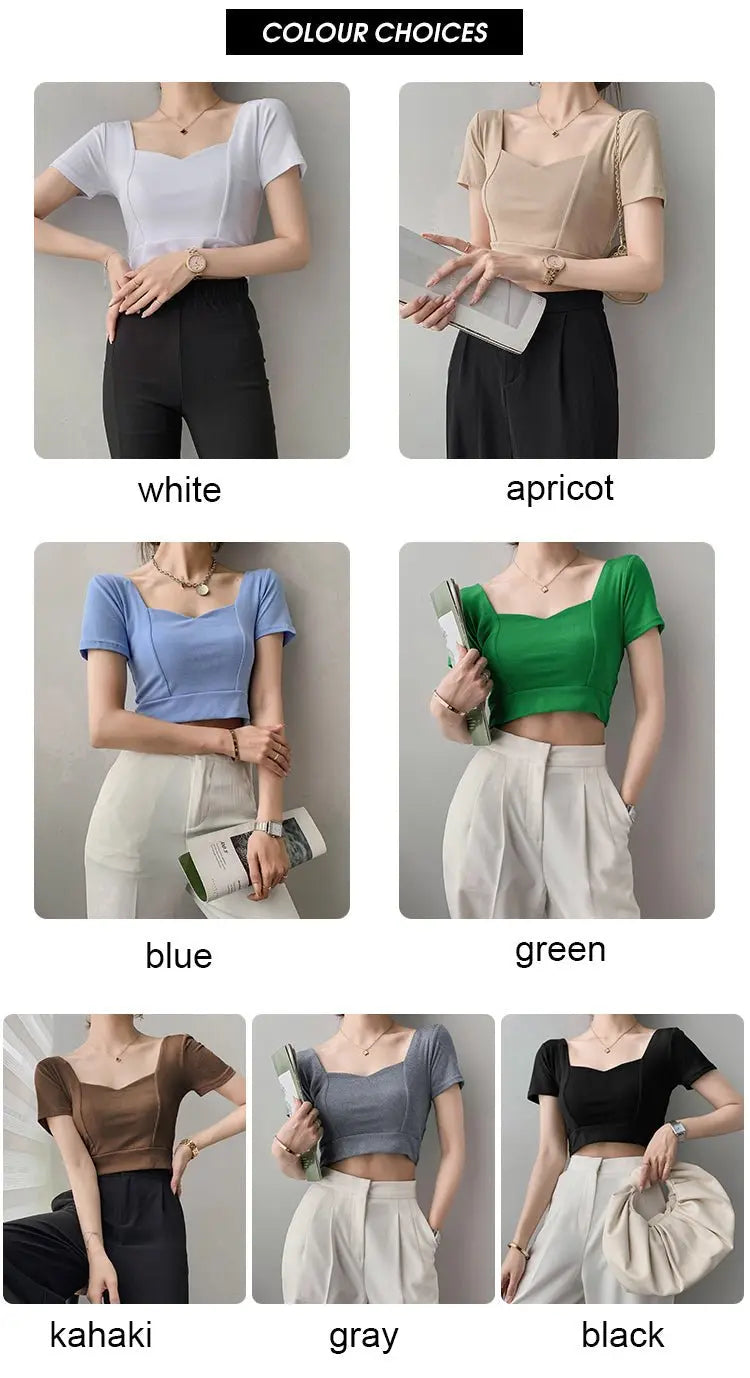 French Clavicle Square Collar Tops Women High Waist Croped Top Short Sleeve T-shirt Female - Blade & Thread