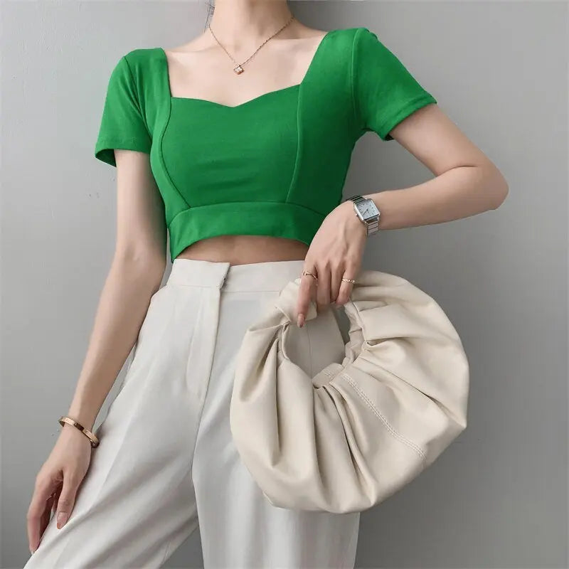 French Clavicle Square Collar Tops Women High Waist Croped Top Short Sleeve T-shirt Female - Blade & Thread