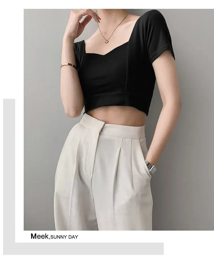 French Clavicle Square Collar Tops Women High Waist Croped Top Short Sleeve T-shirt Female - Blade & Thread