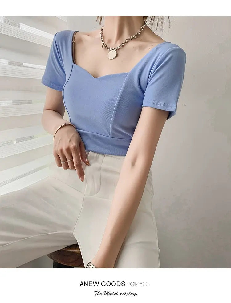 French Clavicle Square Collar Tops Women High Waist Croped Top Short Sleeve T-shirt Female - Blade & Thread