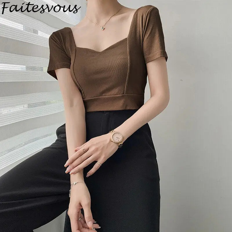 French Clavicle Square Collar Tops Women High Waist Croped Top Short Sleeve T-shirt Female - Blade & Thread