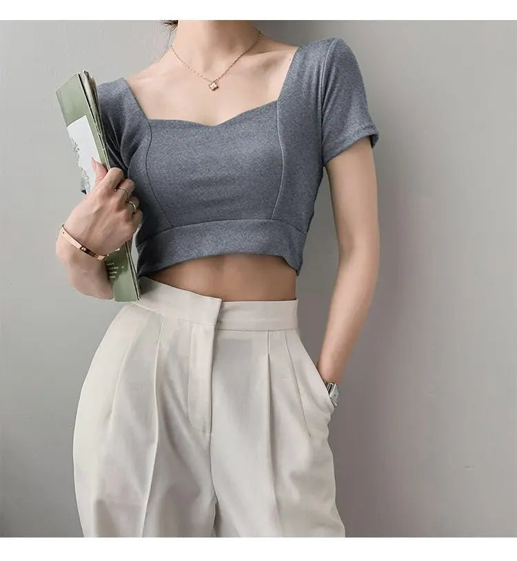 French Clavicle Square Collar Tops Women High Waist Croped Top Short Sleeve T-shirt Female - Blade & Thread