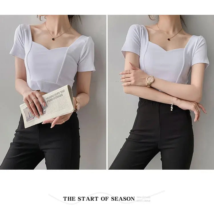 French Clavicle Square Collar Tops Women High Waist Croped Top Short Sleeve T-shirt Female - Blade & Thread