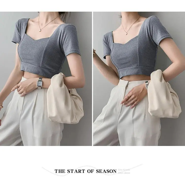 French Clavicle Square Collar Tops Women High Waist Croped Top Short Sleeve T-shirt Female - Blade & Thread