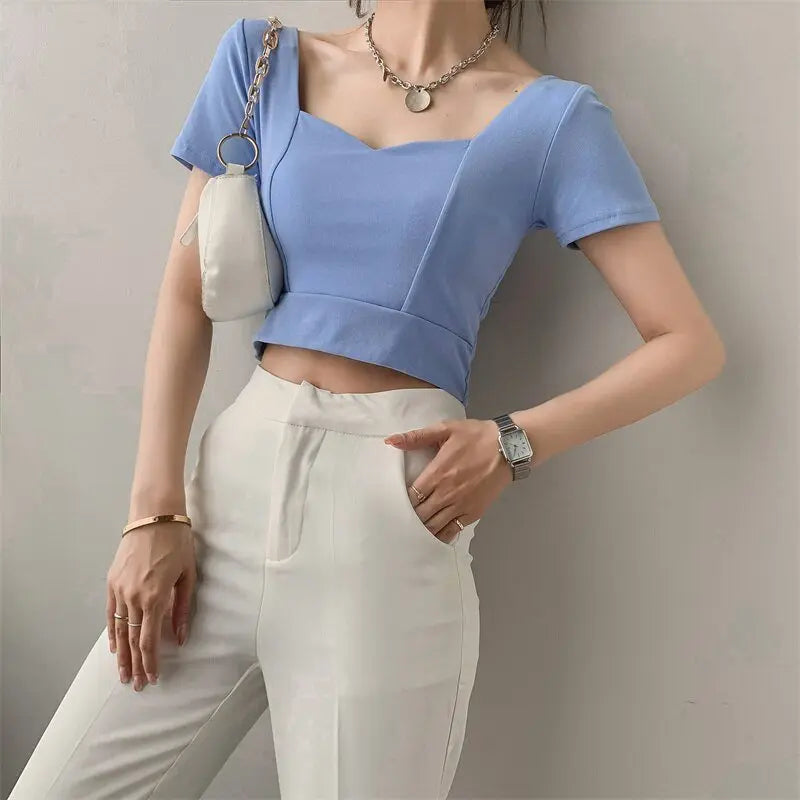 French Clavicle Square Collar Tops Women High Waist Croped Top Short Sleeve T-shirt Female - Blade & Thread