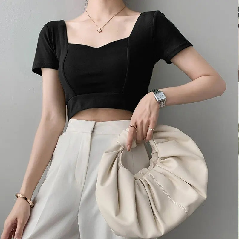 French Clavicle Square Collar Tops Women High Waist Croped Top Short Sleeve T-shirt Female - Blade & Thread