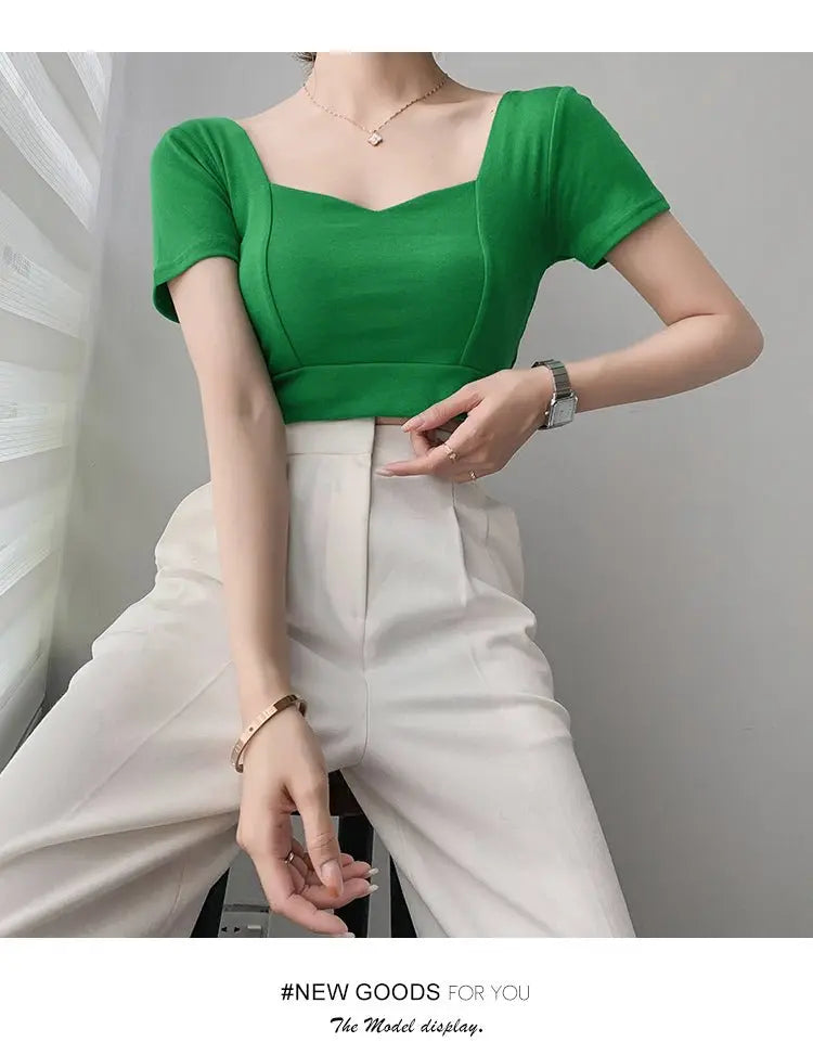 French Clavicle Square Collar Tops Women High Waist Croped Top Short Sleeve T-shirt Female - Blade & Thread