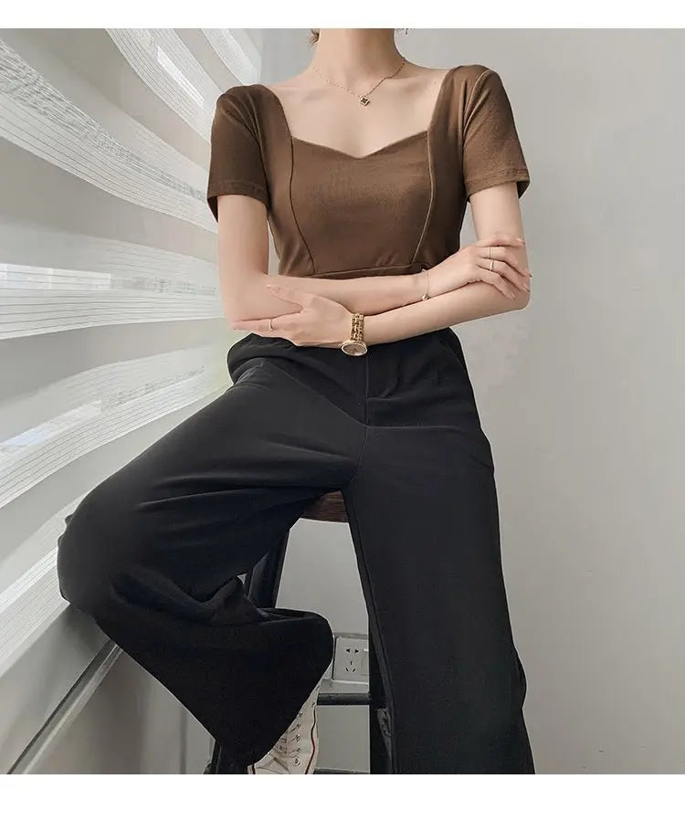 French Clavicle Square Collar Tops Women High Waist Croped Top Short Sleeve T-shirt Female - Blade & Thread