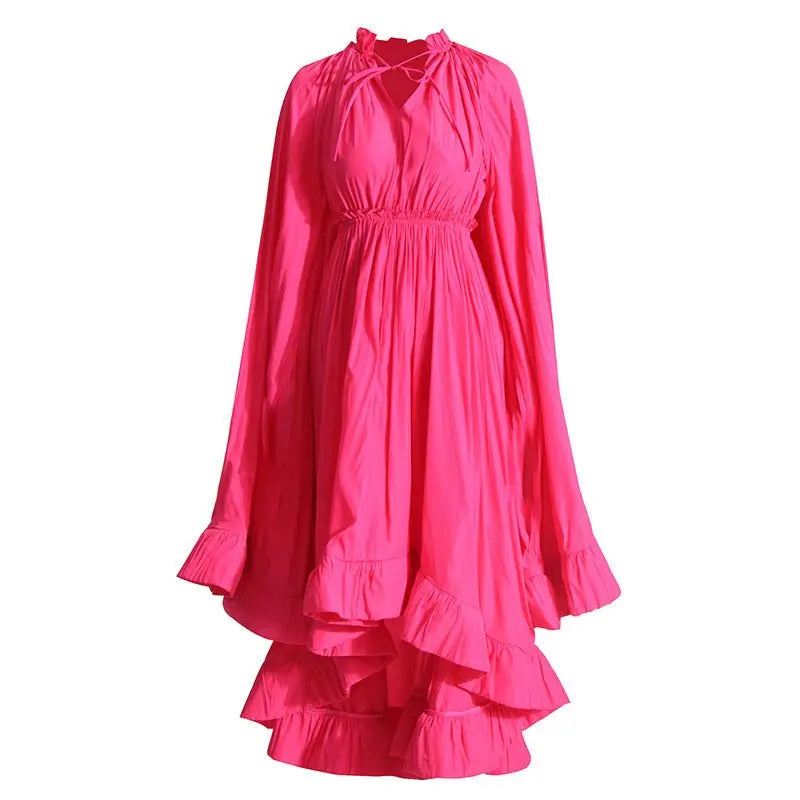 French Palace Style V-Neck Long Sleeve Shawl Pleated Ruffle Dress - Blade & Thread