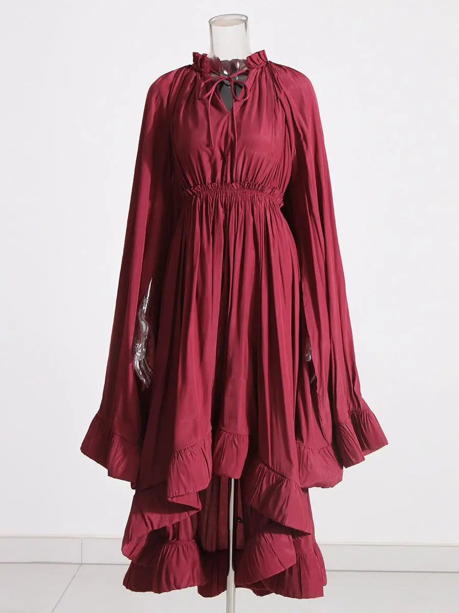 French Palace Style V-Neck Long Sleeve Shawl Pleated Ruffle Dress - Blade & Thread