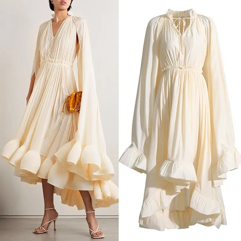 French Palace Style V-Neck Long Sleeve Shawl Pleated Ruffle Dress - Blade & Thread