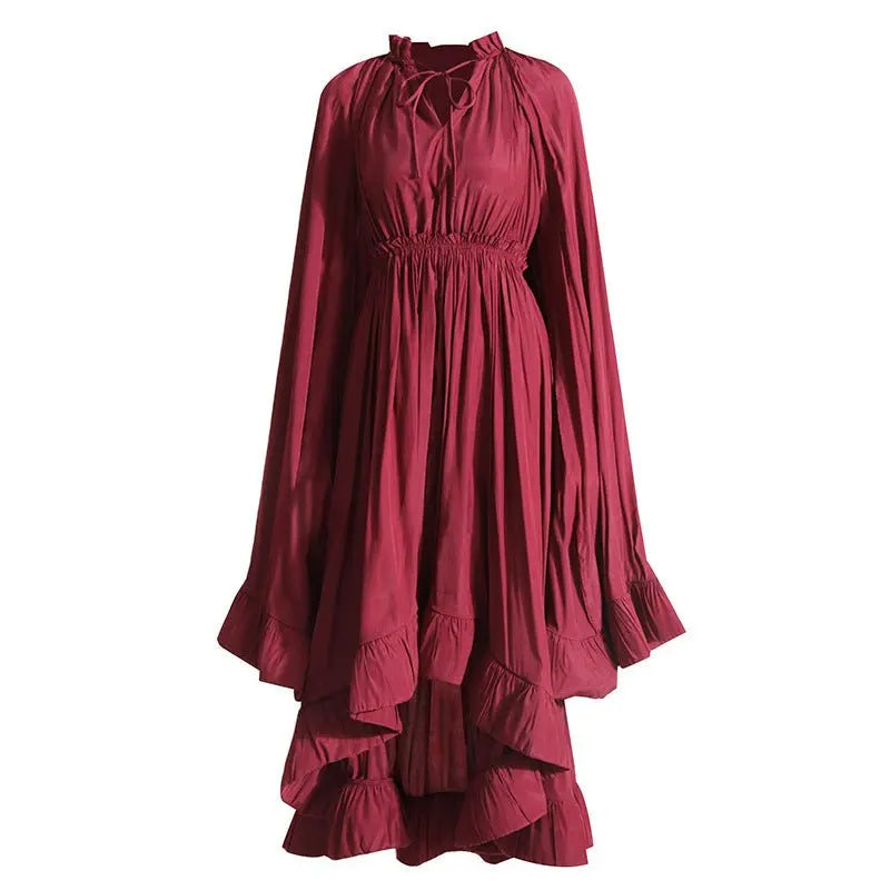 French Palace Style V-Neck Long Sleeve Shawl Pleated Ruffle Dress - Blade & Thread